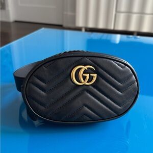 Gucci Quilted Black Belt Bag with Gold Emblem